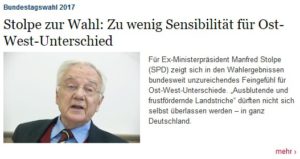 Für Manfred Stolpe (SPD) zeigt sich in den Wahlergebnissen bundesweit unzureichendes Feingefühl für Ost-West-Unterschiede. „Ausblutende und frustfördernde Landstriche“ dürften nicht sich selbst überlassen werden – in ganz Deutschland.